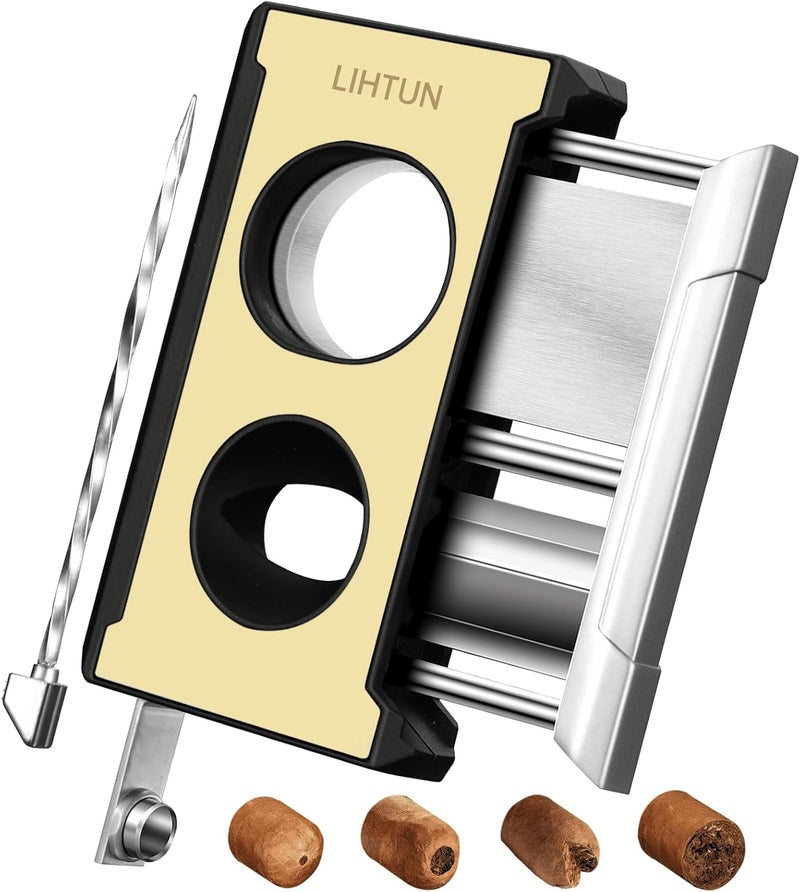 LIHTUN Cigar Cutter Guillotine 4 in 1 One Touch Straight Cut V Cutter with Cigar Punch Cigar Draw Enhancer, Gift for Men, Stainless Steel Double Blade Cigar Clippers, Cuts Up to 60 Ring Gauge Cigars - Image 1